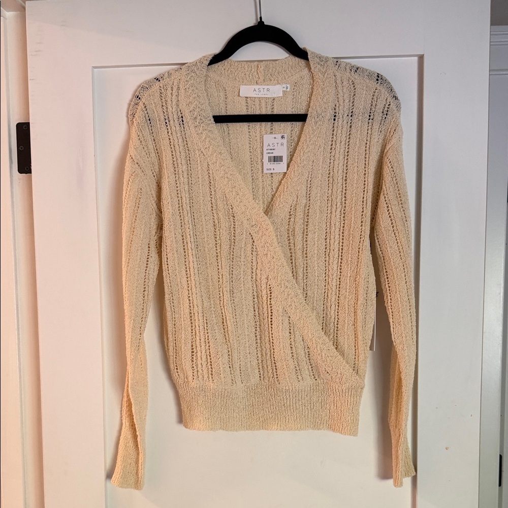 ASTR Cream Open-Knit V-Neck Wrap Sweater